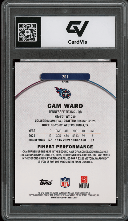 2025 Topps Finest #201 Cam Ward Graded 10 Gem Mint - Back