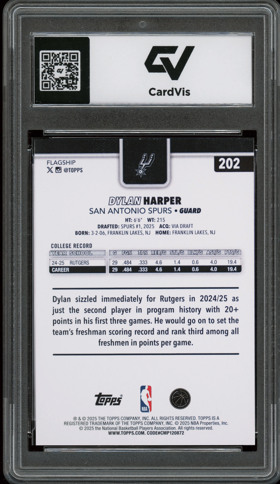 2025 Topps #202 Dylan Harper Graded 10 Gem Mint - Back