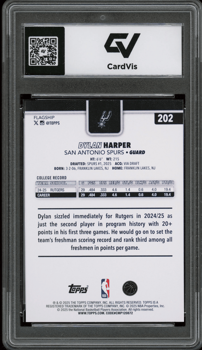 2025 Topps #202 Dylan Harper Graded 10 Gem Mint - Back