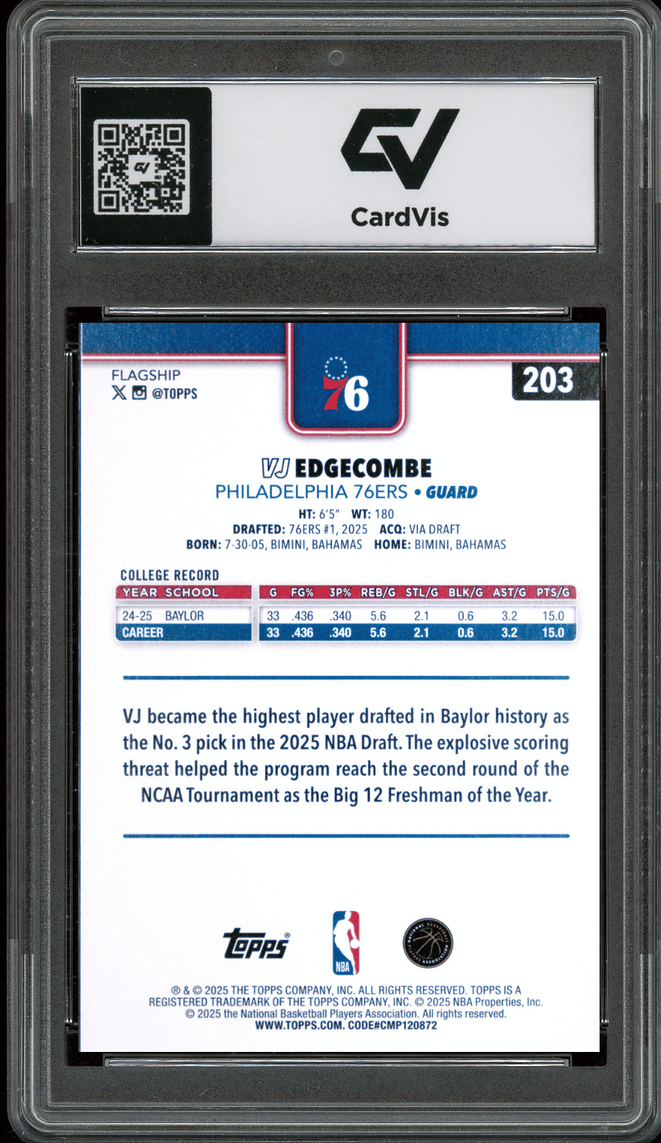 2025 Topps #203 VJ Edgecombe Graded 10 Gem Mint - Back
