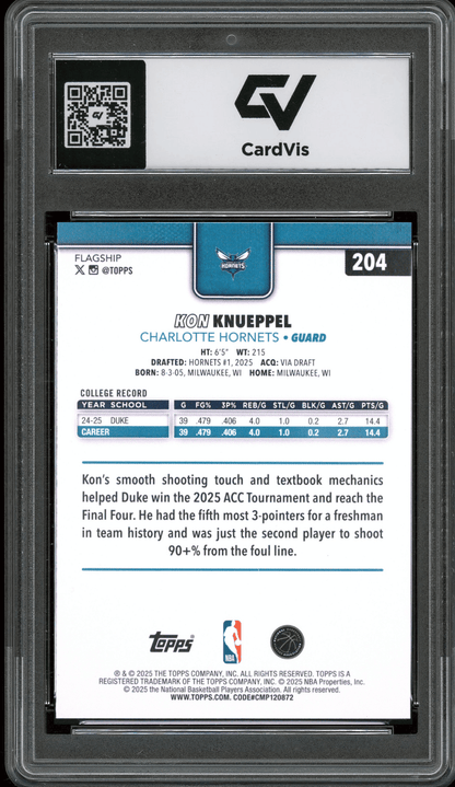 2025 Topps #204 Kon Knueppel Graded 10 Gem Mint - Back