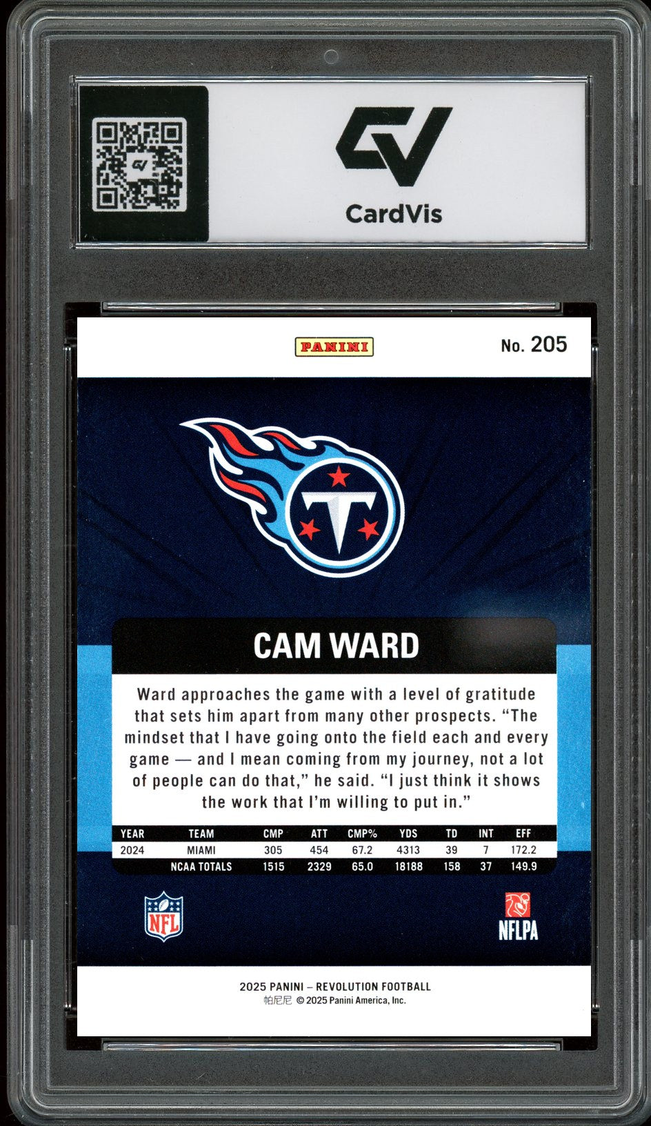 2025 Panini Revolution #205 Cam Ward Graded 10 Gem Mint - Back