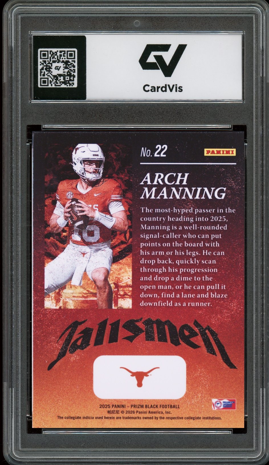 2025 Panini Prizm Black #22 Arch Manning Talismen Rookie Card RC Graded 10 Gem Mint - Back
