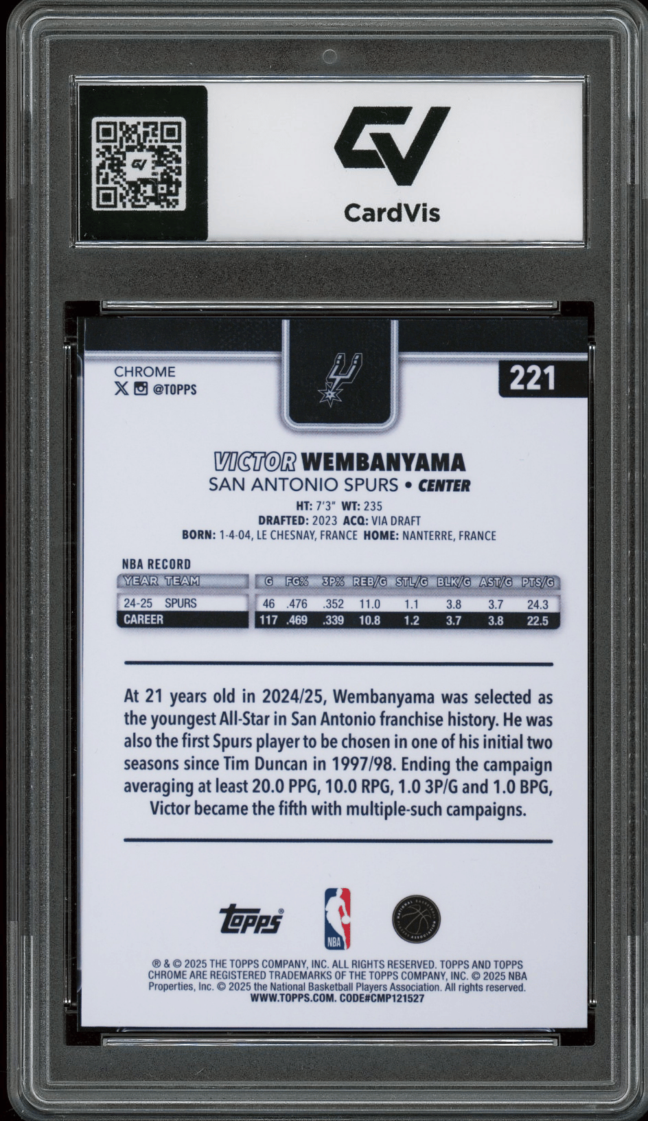 2025 Topps Chrome #221 Victor Wembanyama Graded 10 Gem Mint - Back