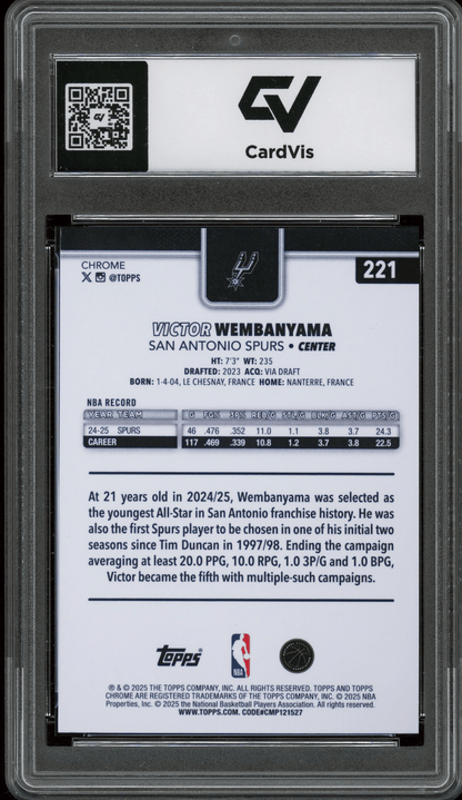 2025 Topps Chrome #221 Victor Wembanyama Graded 10 Gem Mint - Back
