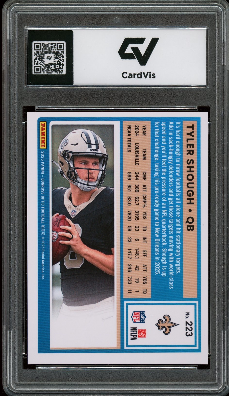 2025 Panini Donruss Optic #223 Tyler Shough Rookie Card RC Graded 10 Gem Mint - Back
