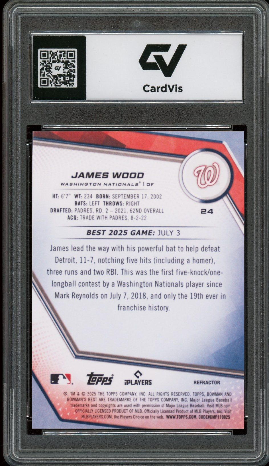 2025 Bowman's Best #24 James Wood Refractor Graded 10 Gem Mint - Back