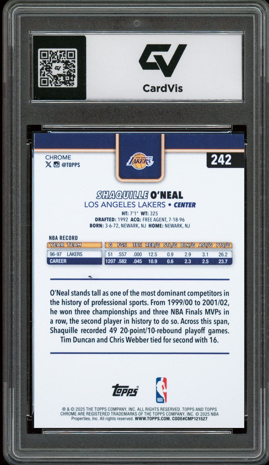 2025 Topps Chrome #242 Shaquille O'Neal Graded 10 Gem Mint - Back