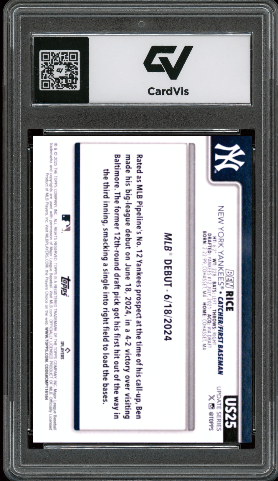 2025 Topps Update #25 Ben Rice Graded 10 Gem Mint - Back