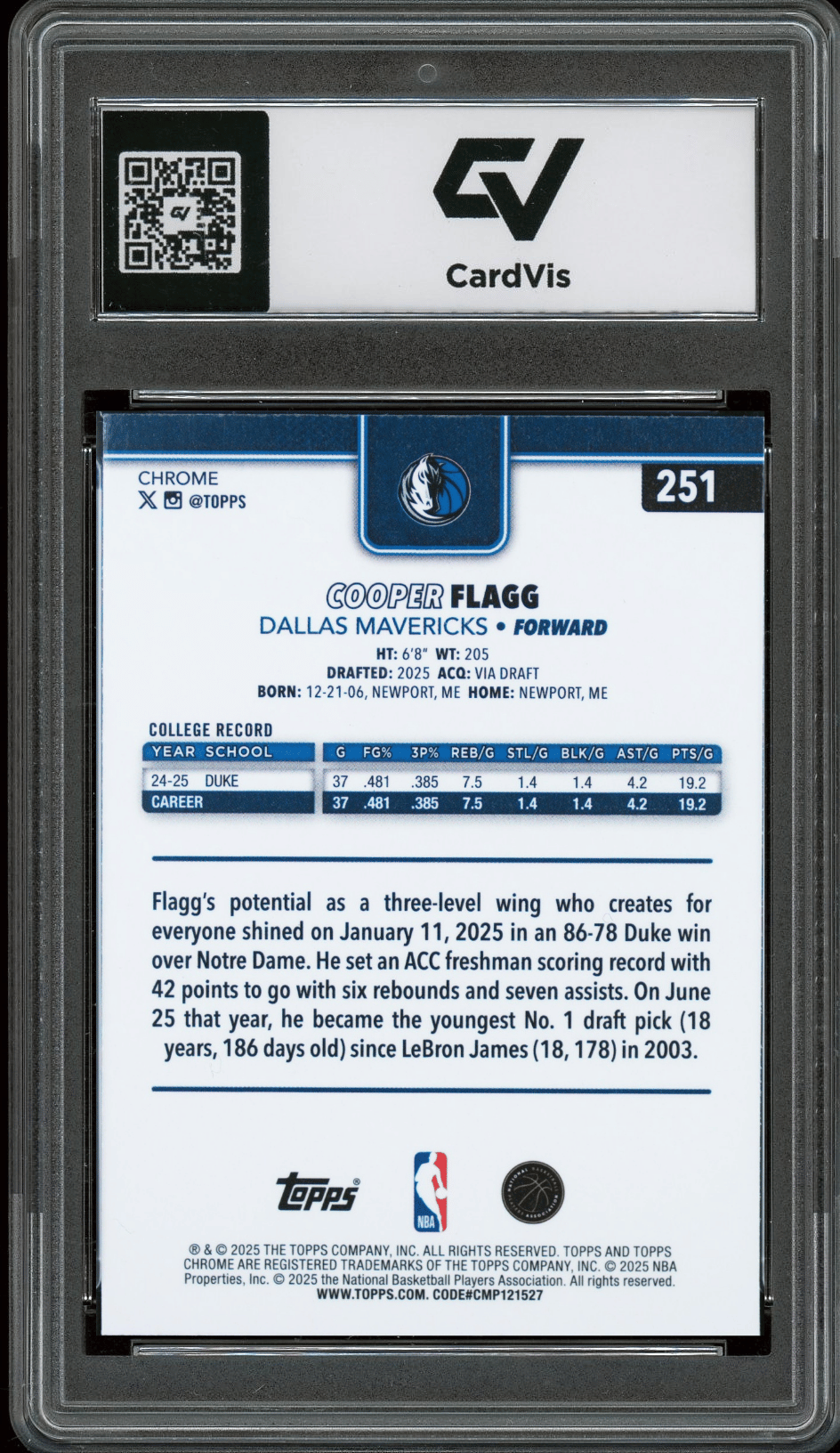 2025 Topps Chrome #251 Cooper Flagg Graded 10 Gem Mint - Back