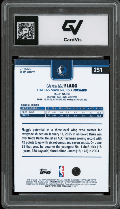 2025 Topps Chrome #251 Cooper Flagg Graded 10 Gem Mint - Back