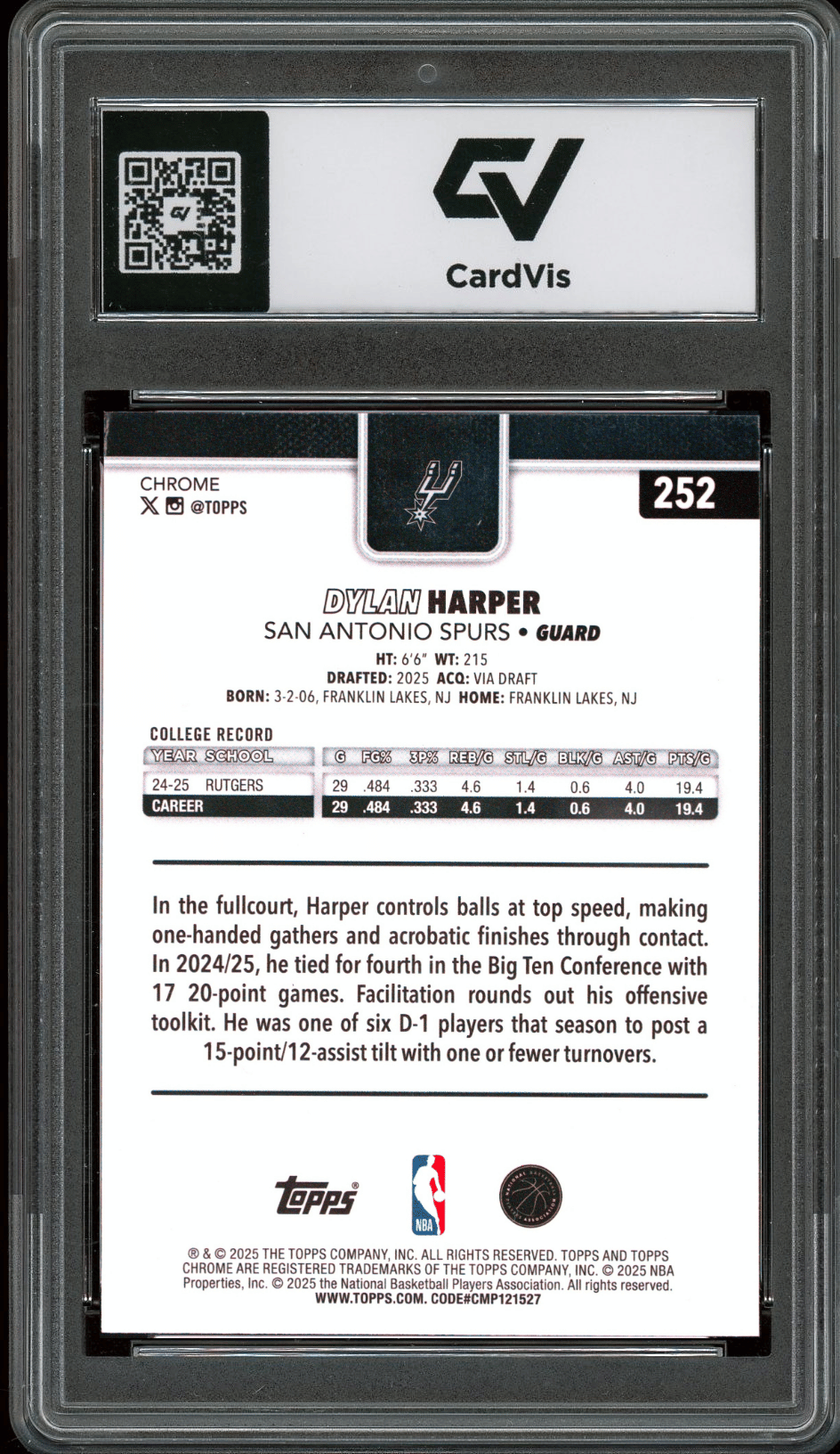 2025 Topps Chrome #252 Dylan Harper Graded 10 Gem Mint - Back