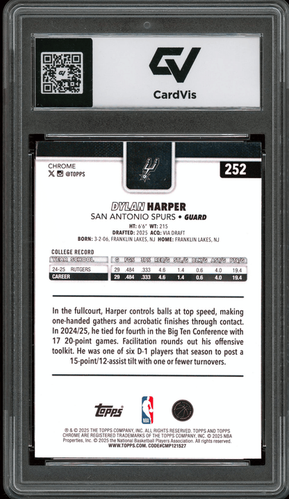 2025 Topps Chrome #252 Dylan Harper Graded 10 Gem Mint - Back