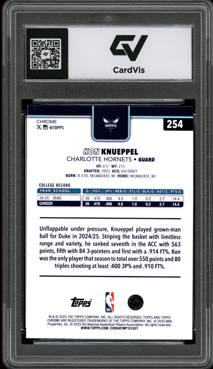 2025 Topps Chrome #254 Kon Knueppel Graded 10 Gem Mint - Back