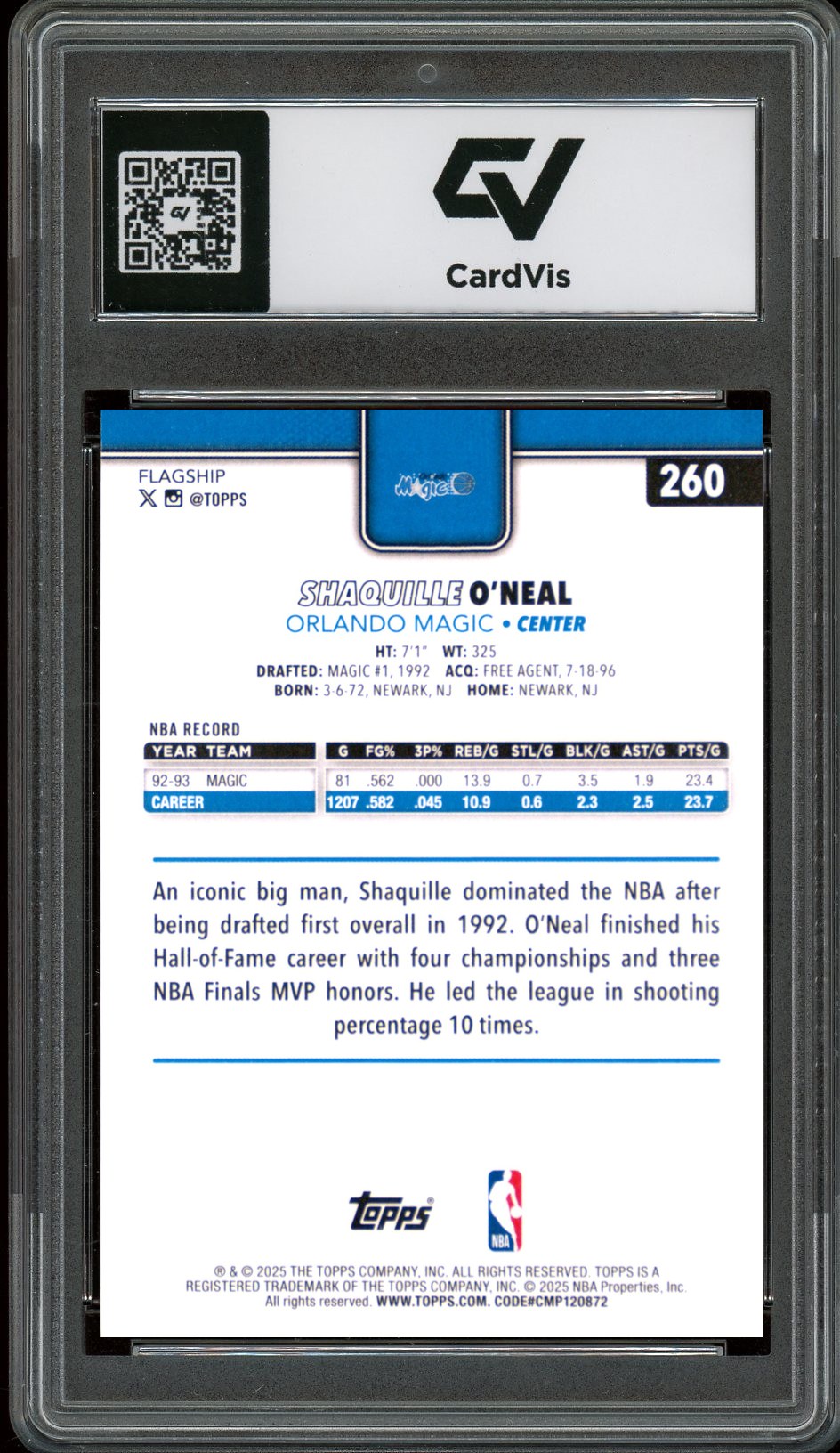 2025 Topps #260 Shaquille O'Neal Graded 10 Gem Mint - Back