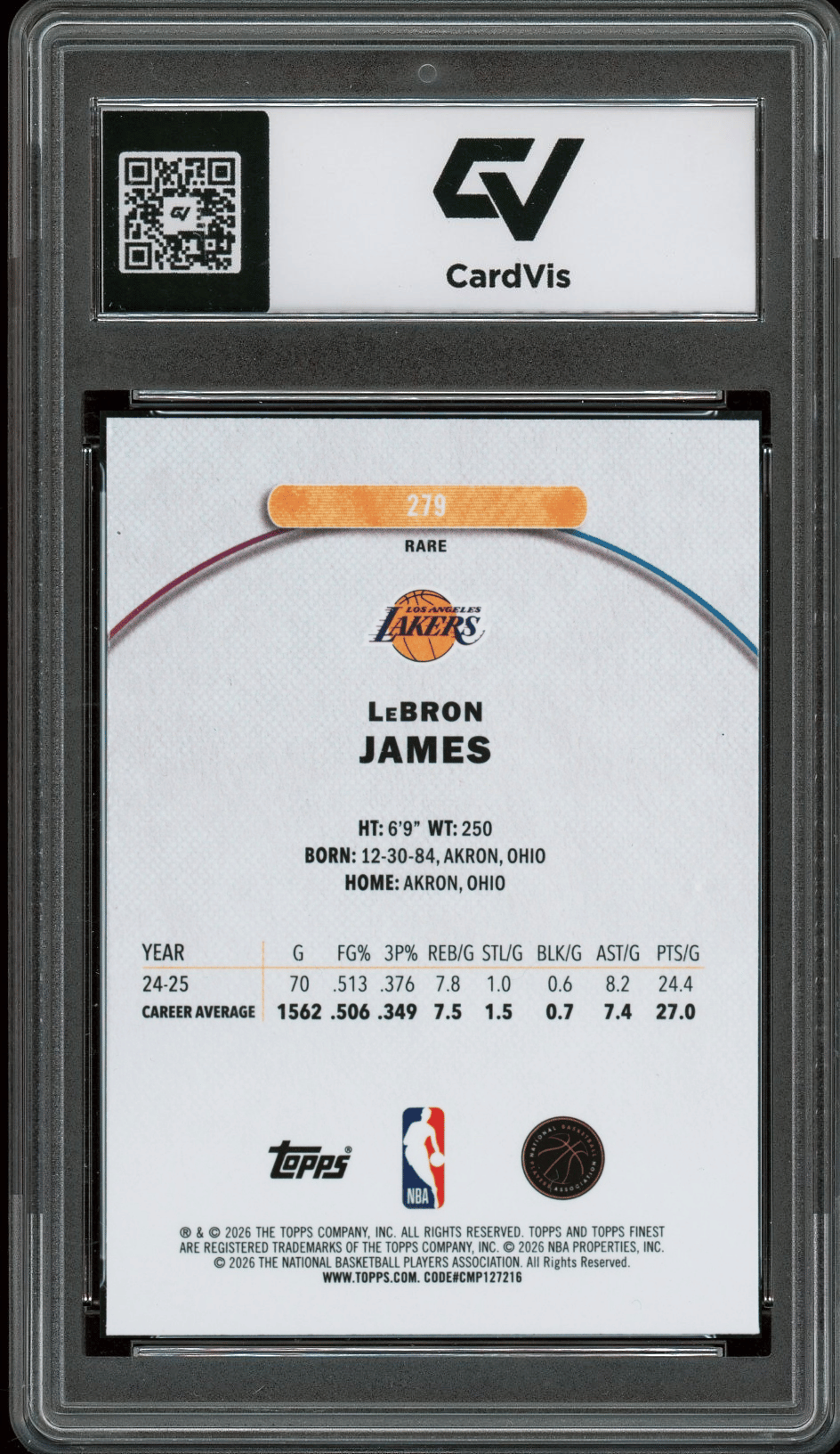 2025 Topps Finest #279 Lebron James Graded 10 Gem Mint - Back