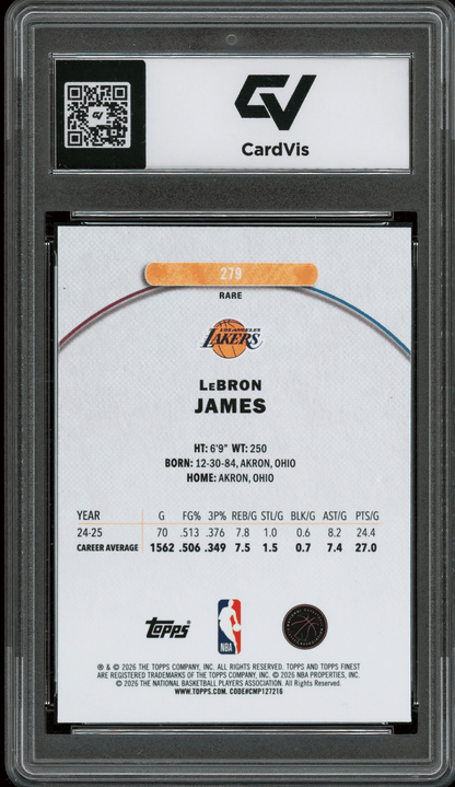 2025 Topps Finest #279 Lebron James Graded 10 Gem Mint - Back