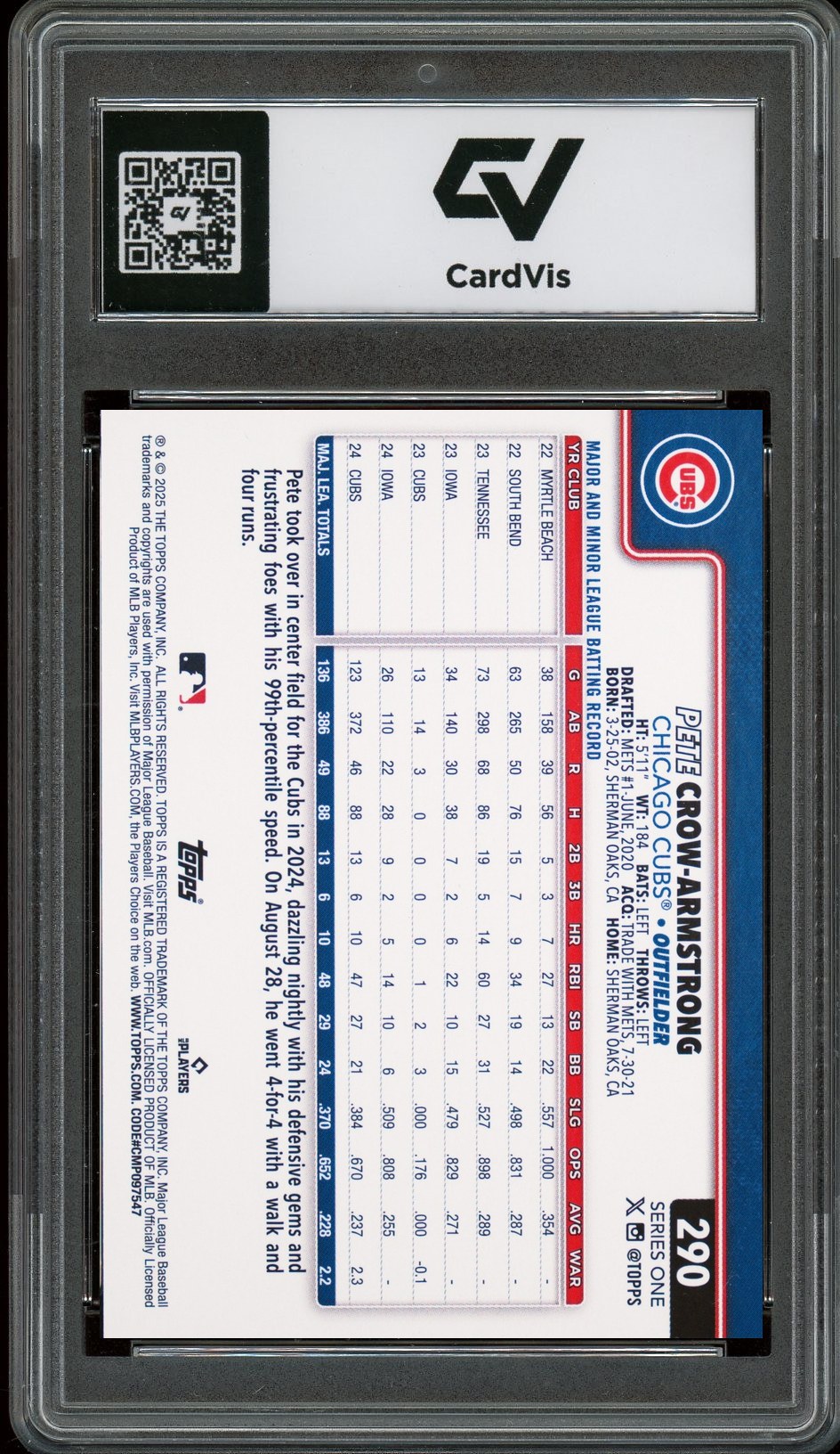 2025 Topps #290 Pete Crow-Armstrong Future Stars Graded 10 Gem Mint - Back