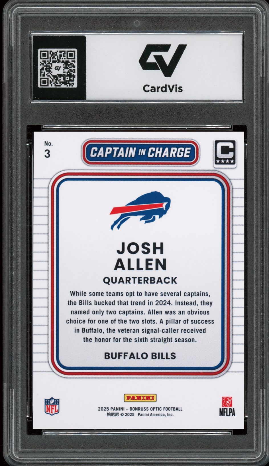 2025 Panini Donruss Optic Captain In Charge #3 Josh Allen Graded 10 Gem Mint - Back