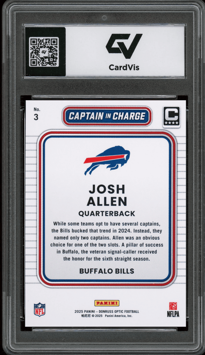 2025 Panini Donruss Optic Captain In Charge #3 Josh Allen Graded 10 Gem Mint - Back