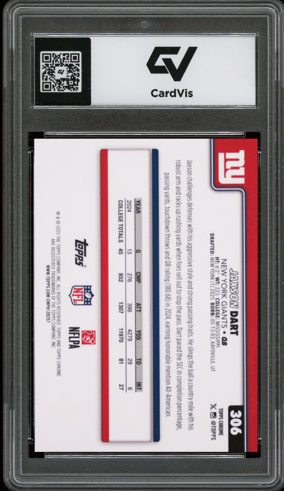 2025 Topps Chrome #306 Jaxson Dart Graded 10 Gem Mint - Back