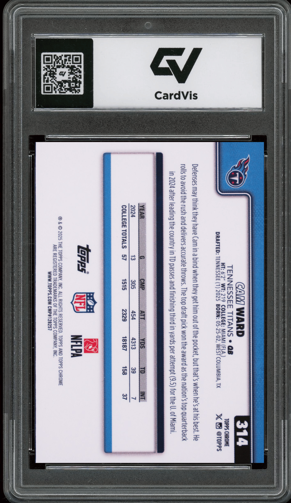 2025 Topps Chrome #314 Cam Ward Graded 10 Gem Mint - Back