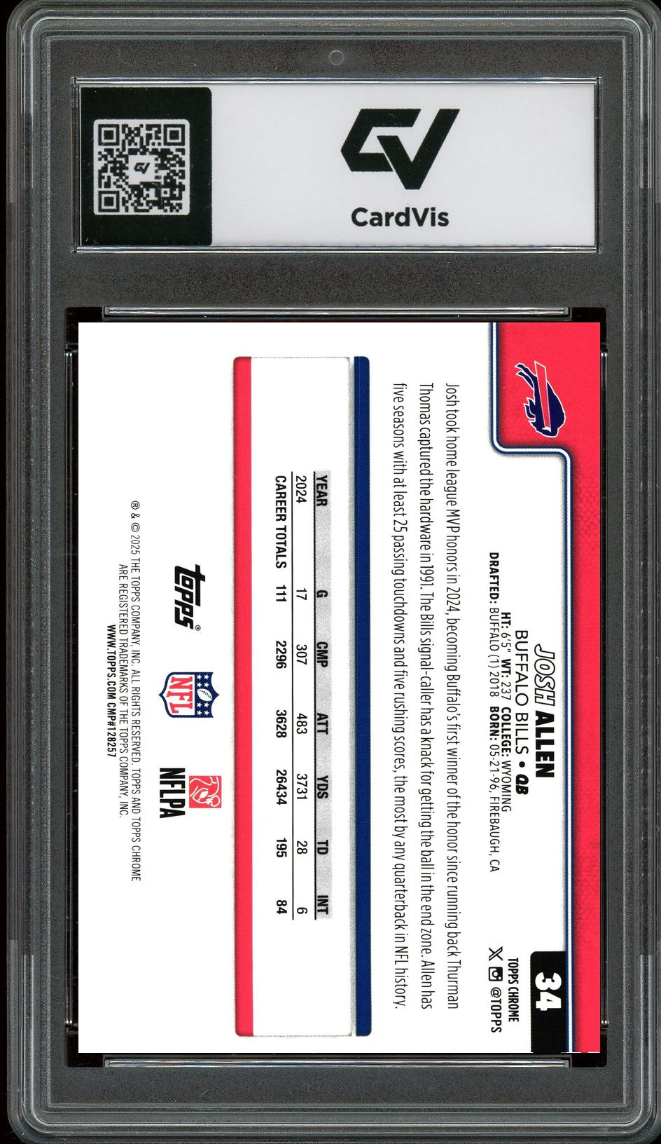2025 Topps Chrome #34 Josh Allen Graded 10 Gem Mint - Back