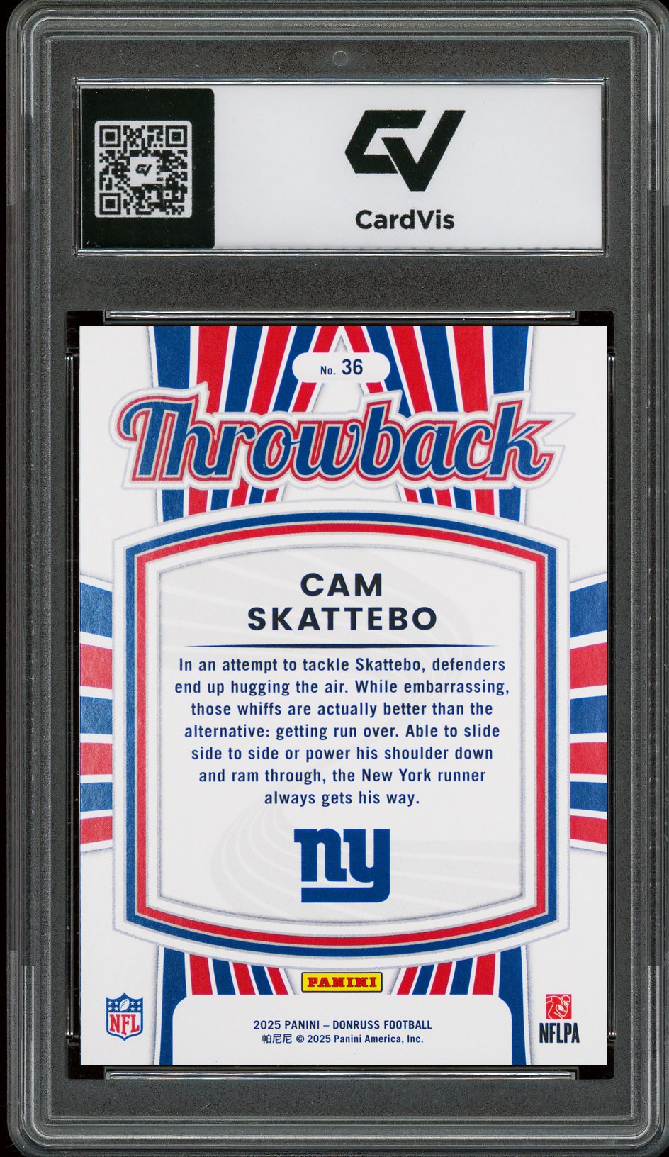 2025 Panini Donruss #36 Cam Skattebo Rated Rookies Throwback Graded 10 Gem Mint - Back