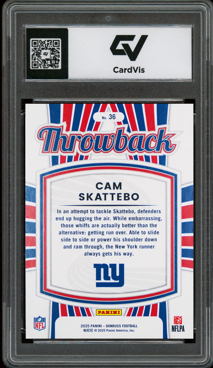 2025 Panini Donruss #36 Cam Skattebo Rated Rookies Throwback Graded 10 Gem Mint - Back