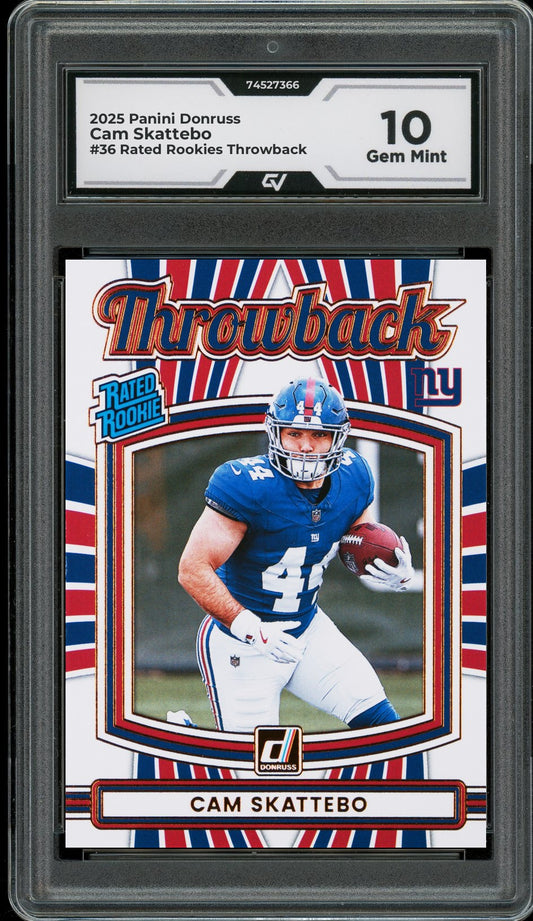 2025 Panini Donruss #36 Cam Skattebo Rated Rookies Throwback Graded 10 Gem Mint - Front