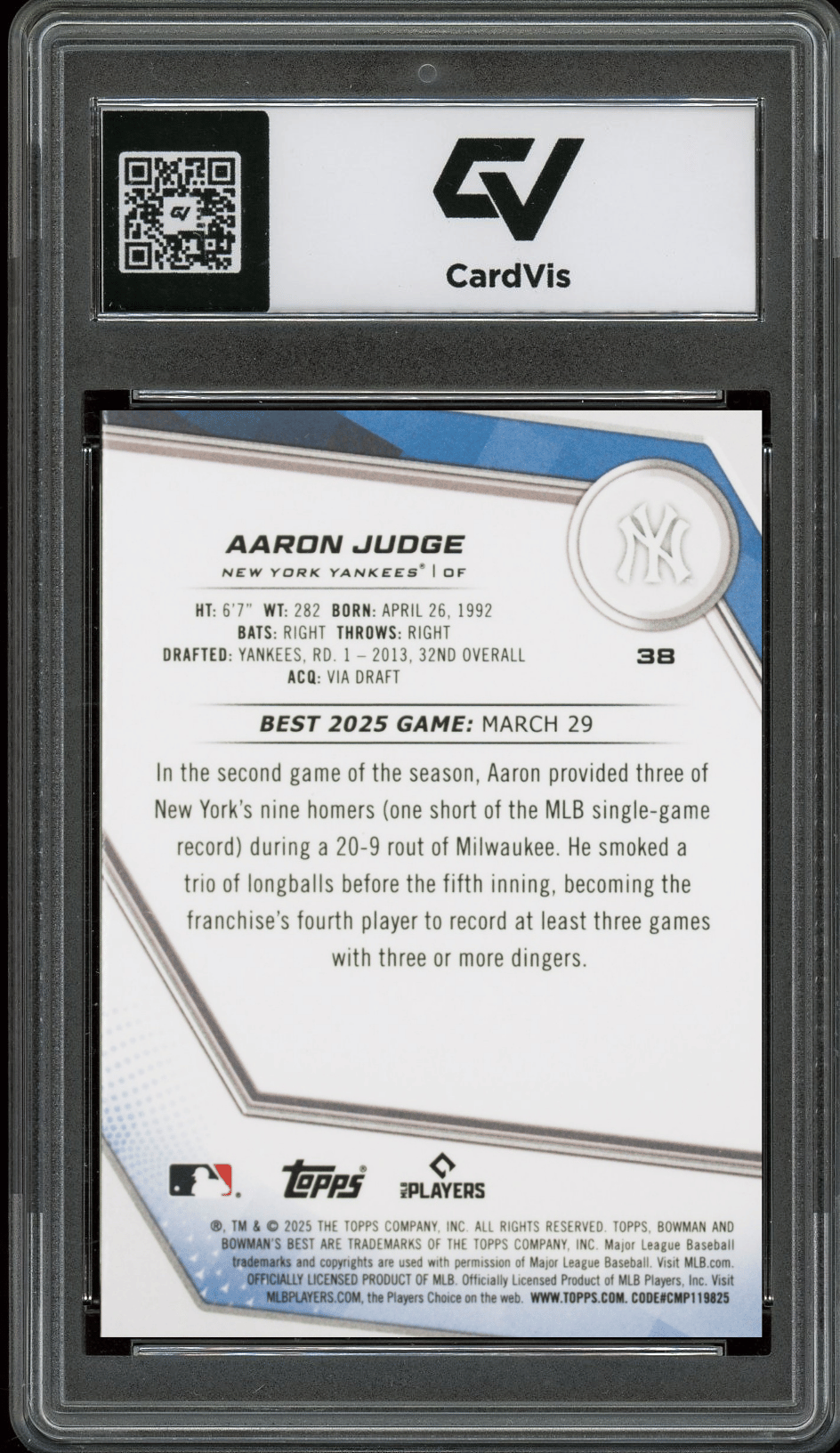 2025 Bowman's Best #38 Aaron Judge Graded 10 Gem Mint - Back