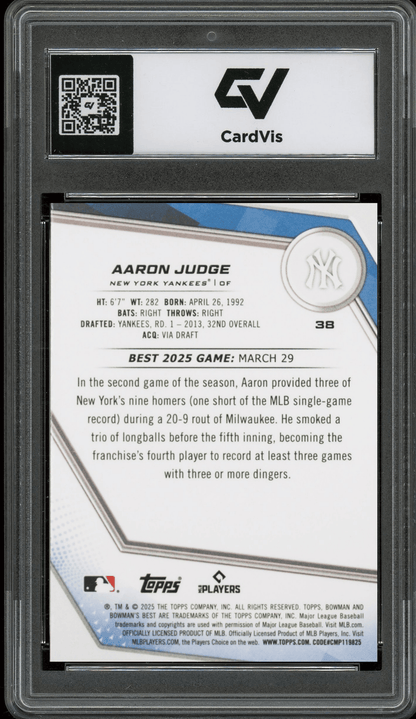 2025 Bowman's Best #38 Aaron Judge Graded 10 Gem Mint - Back