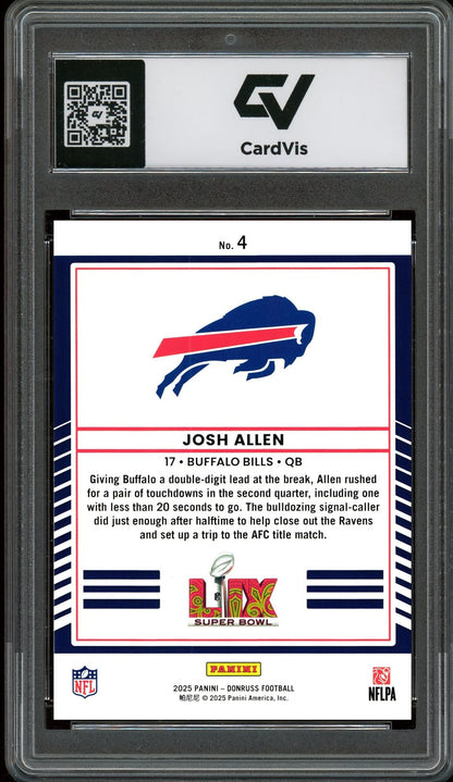 2025 Panini Donruss #4 Josh Allen Road to the Super Bowl Graded 10 Gem Mint - Back