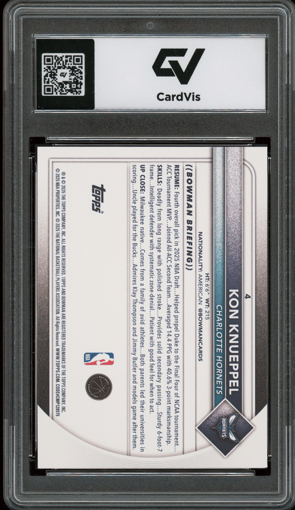 2025 Bowman #4 Kon Knueppel Graded 10 Gem Mint - Back