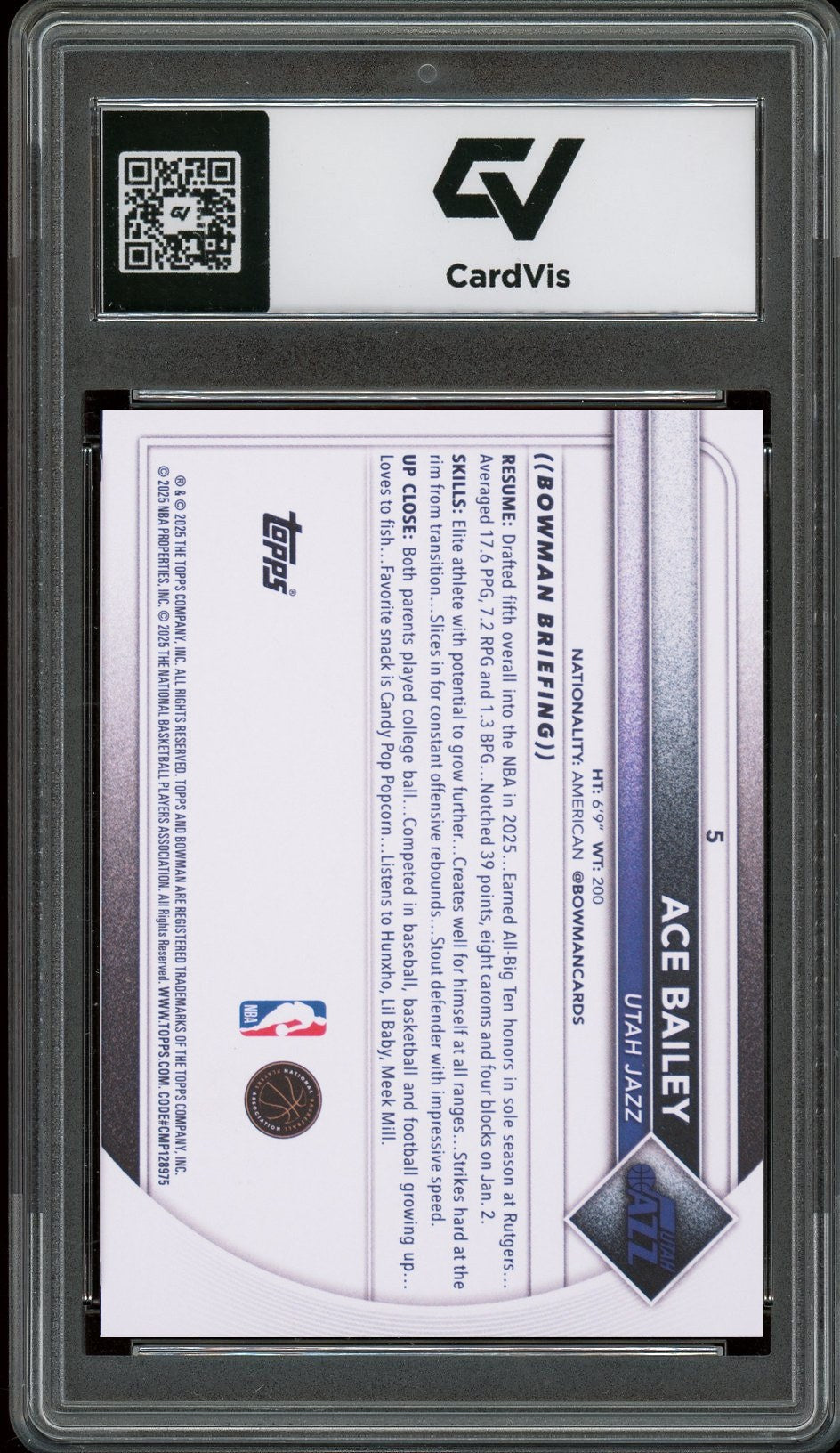 2025 Bowman #5 Ace Bailey Graded 10 Gem Mint - Back