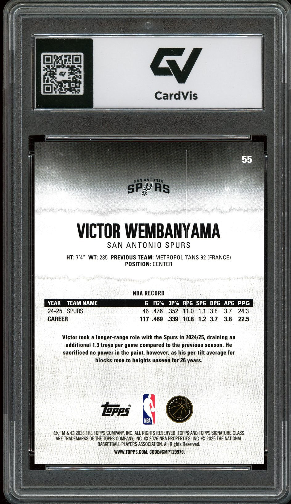 2025 Topps Signature Class #55 Victor Wembanyama Graded 10 Gem Mint - Back