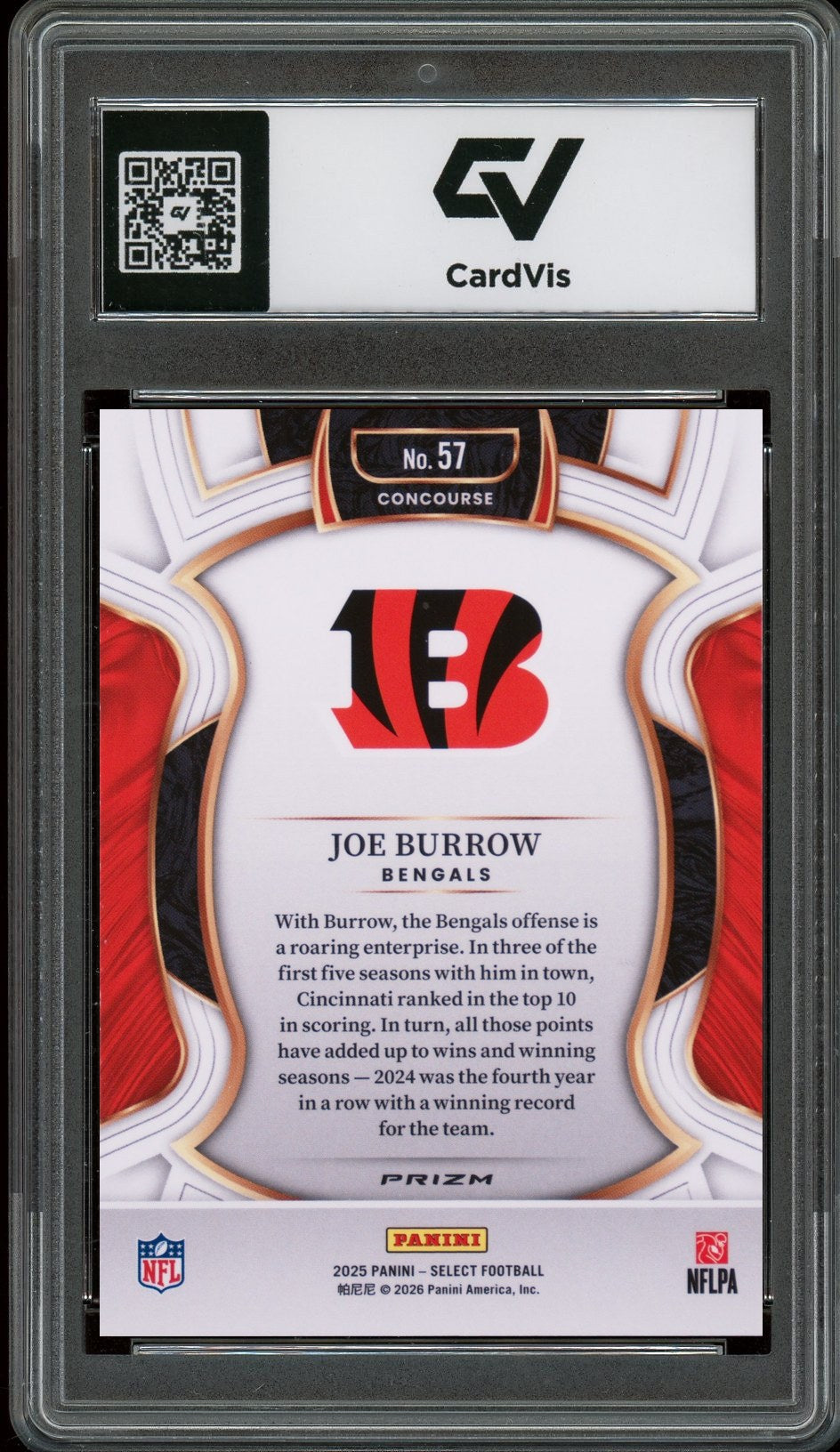 2025 Panini Select #57 Joe Burrow Silver Prizm Graded 10 Gem Mint - Back