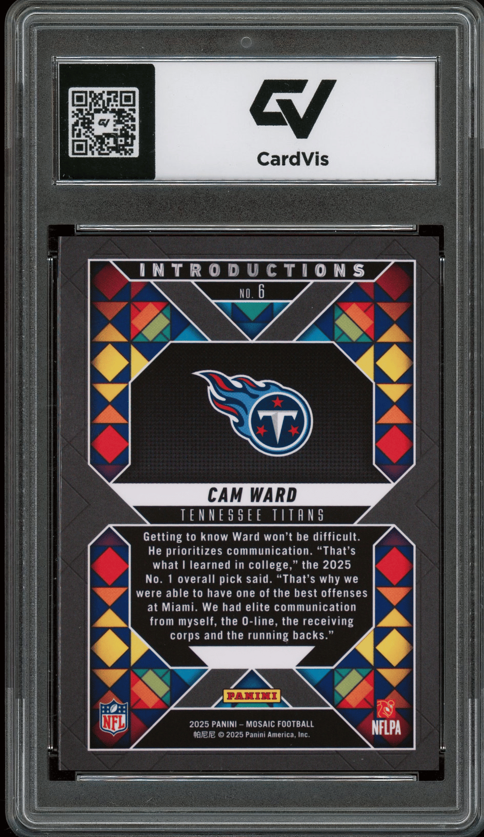 2025 Panini Mosaic Introductions #6 Cam Ward Graded 10 Gem Mint - Back