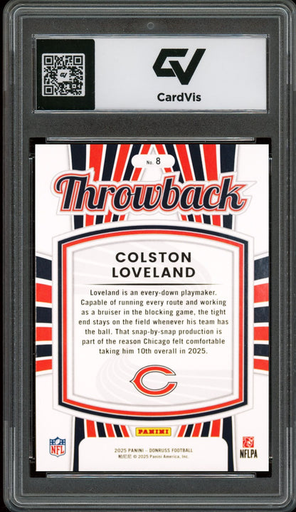 2025 Panini Donruss #8 Colston Loveland Rated Rookies Throwback Graded 10 Gem Mint - Back
