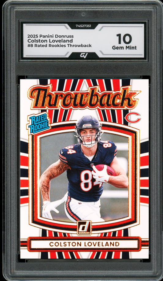 2025 Panini Donruss #8 Colston Loveland Rated Rookies Throwback Graded 10 Gem Mint - Front