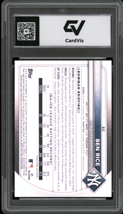 2025 Bowman #85 Ben Rice Graded 10 Gem Mint - Back