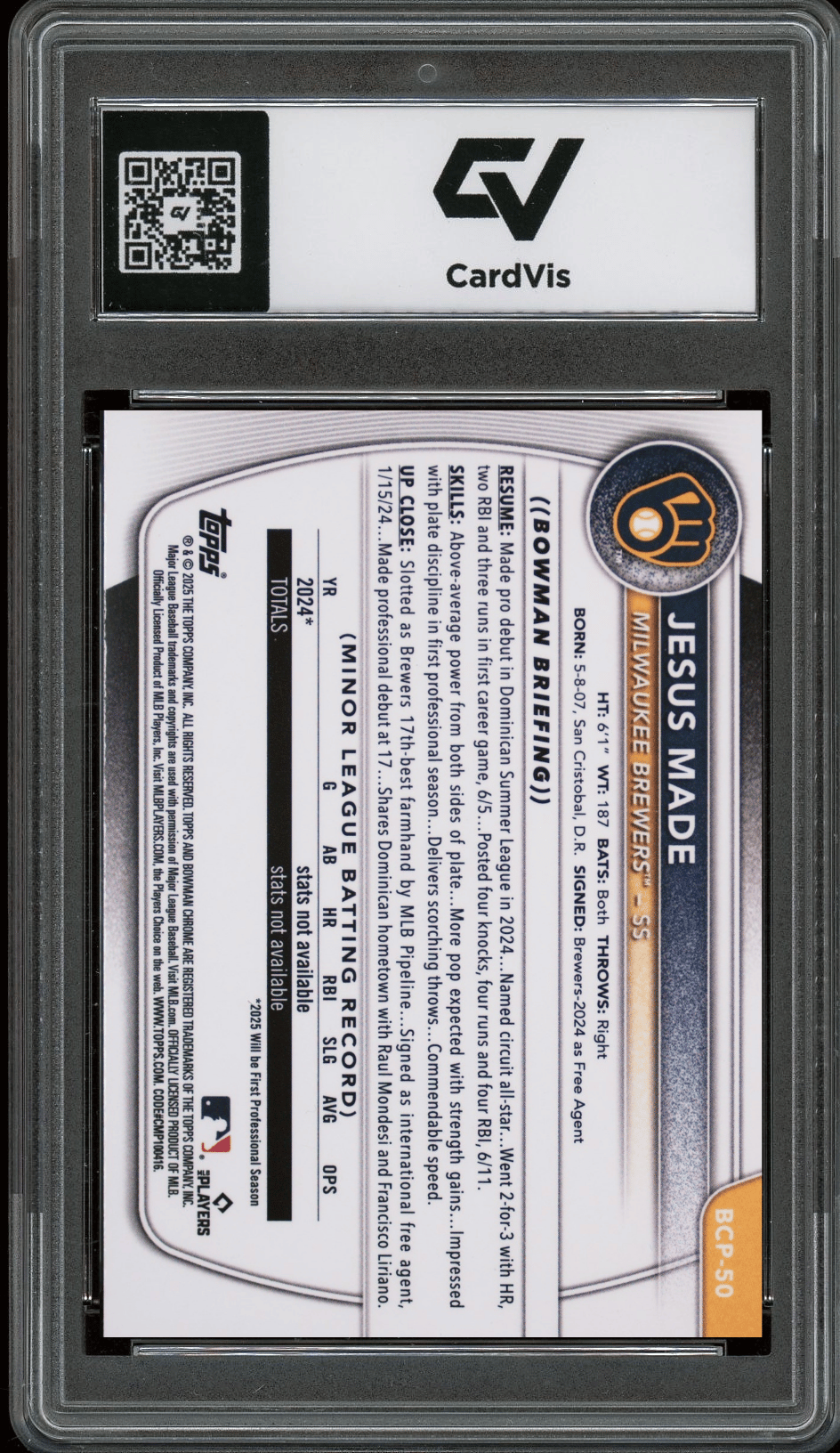 2025 Bowman Chrome Prospects #BCP50 Jesus Made Graded 10 Gem Mint - Back