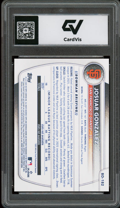 2025 Bowman Draft #BD-182 Josuar Gonzalez Graded 10 Gem Mint - Back