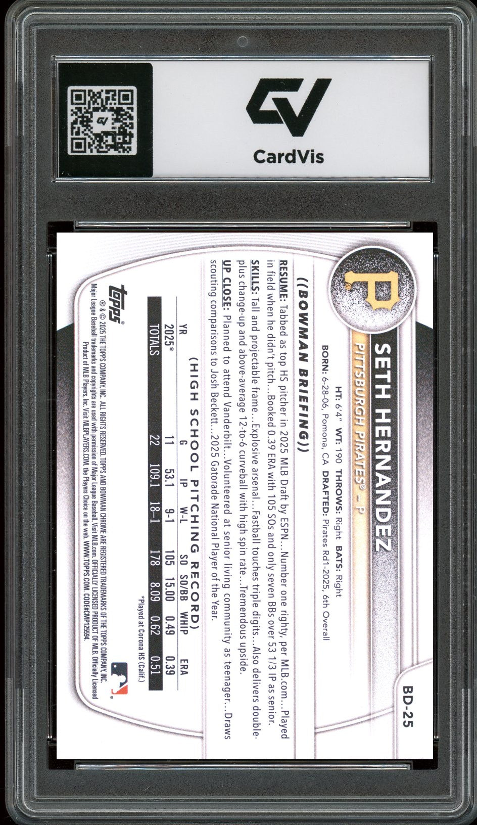 2025 Bowman Draft #BD-25 Seth Hernandez Graded 10 Gem Mint - Back