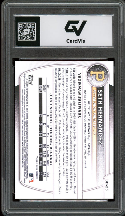 2025 Bowman Draft #BD-25 Seth Hernandez Graded 10 Gem Mint - Back