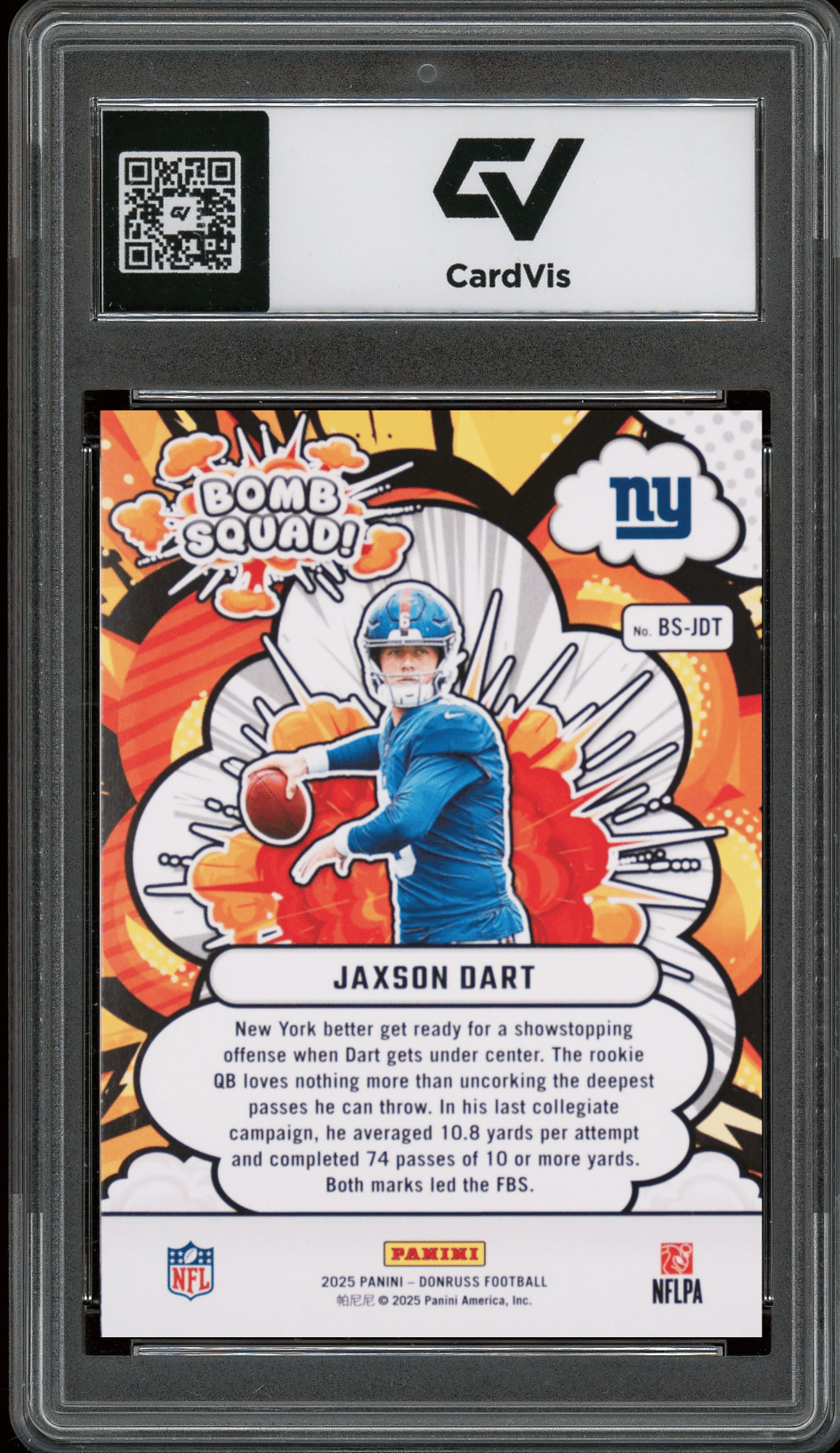 2025 Panini Donruss Bomb Squad #BS-JDT Jaxson Dart Graded 10 Gem Mint - Back