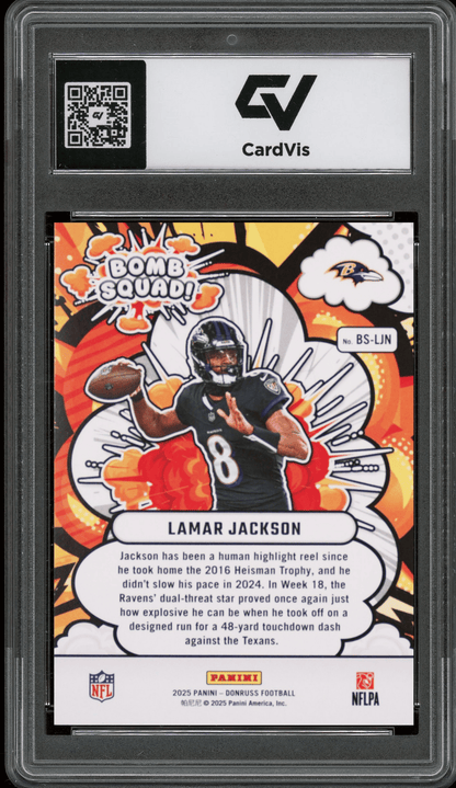 2025 Panini Donruss Bomb Squad #BS-LJN Lamar Jackson Graded 10 Gem Mint - Back