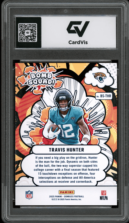 2025 Panini Donruss Bomb Squad #BS-THR Travis Hunter Graded 10 Gem Mint - Back