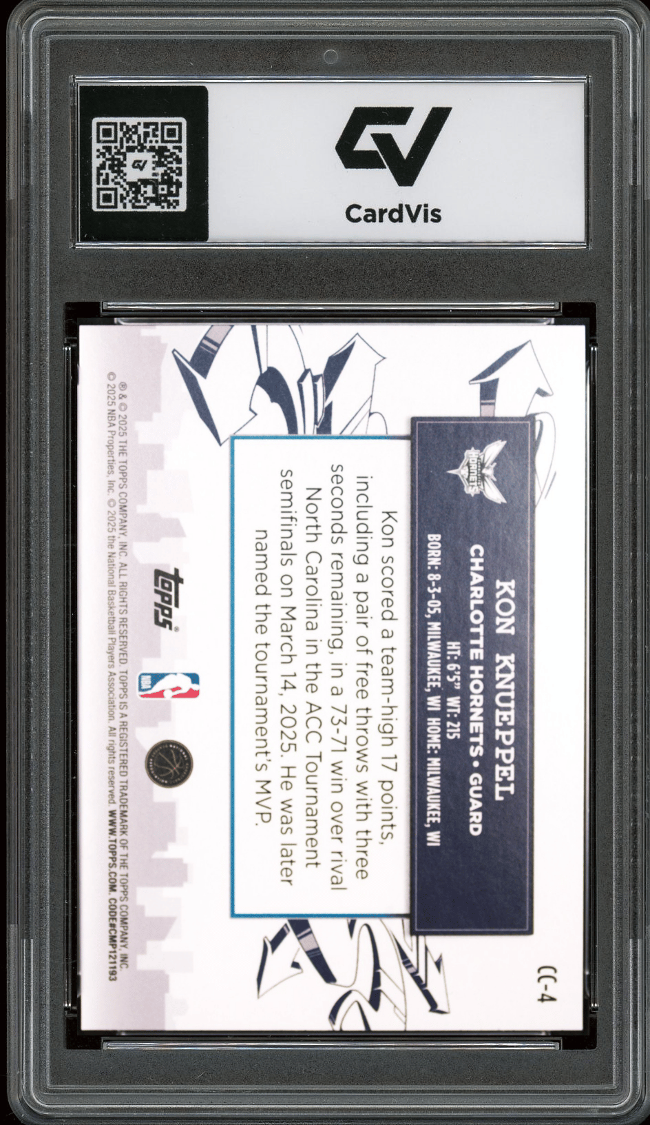 2025 Topps Clutch City Prospects #CC-4 Kon Knueppel Graded 10 Gem Mint - Back