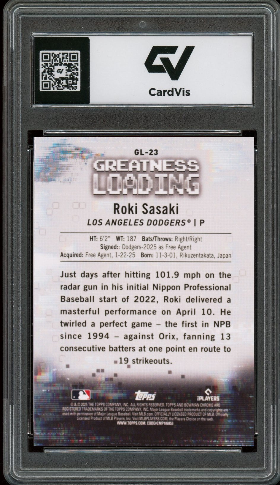 2025 Bowman #GL-23 Roki Sasaki Greatness Loading Graded 10 Gem Mint - Back